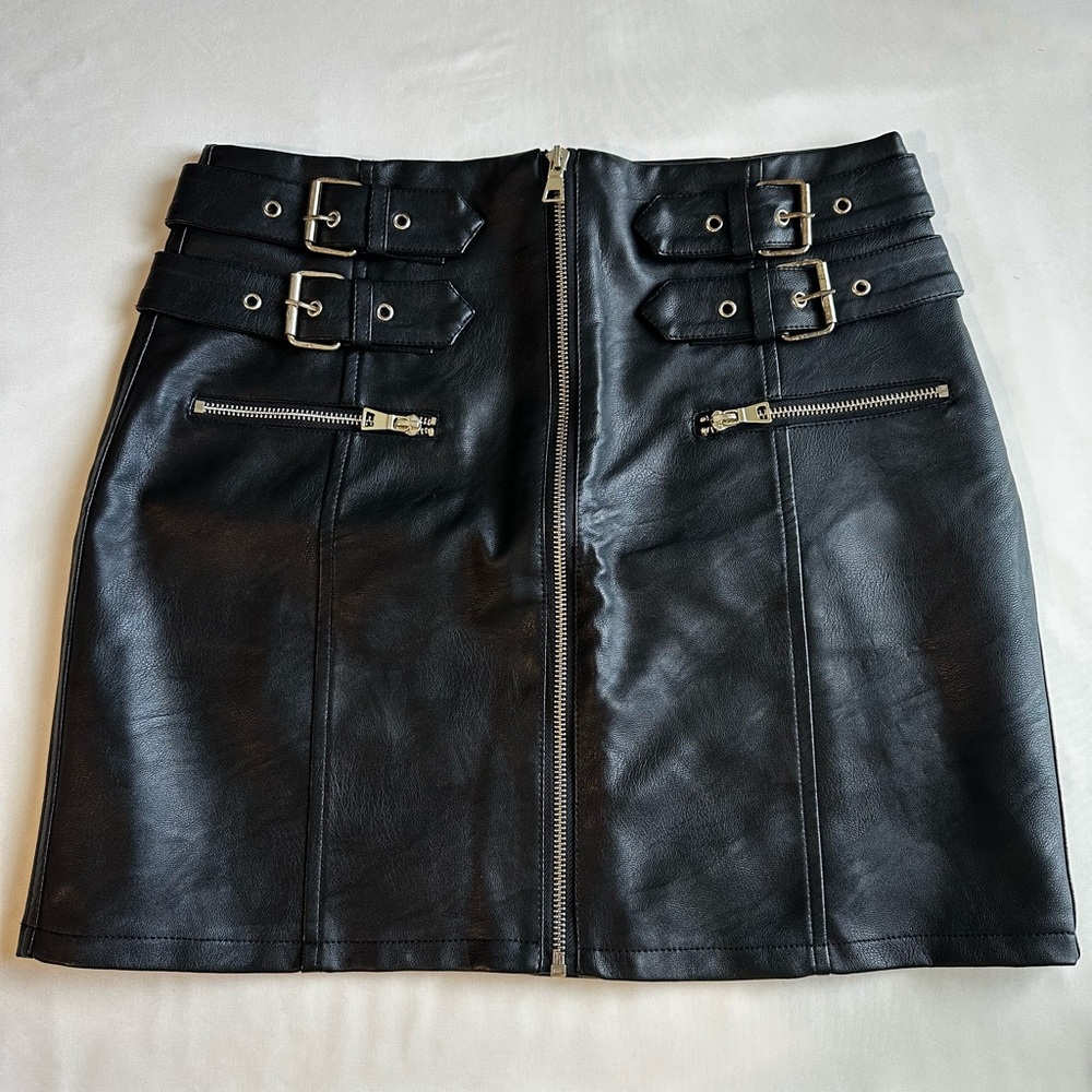 Topshop Belted Front Zip Faux Leather Mini Skirt in black